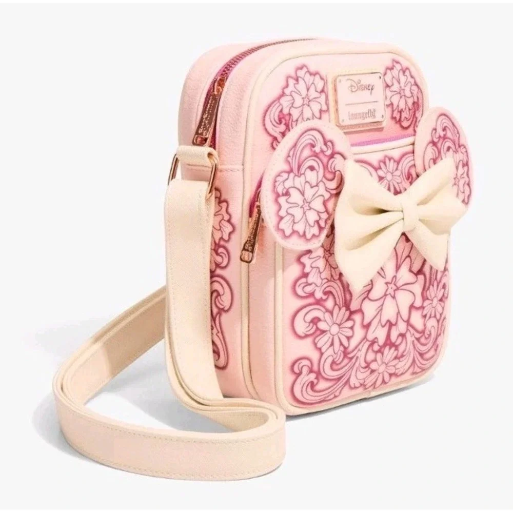 NEW Loungefly Disney Minnie Mouse Embossed Floral Ears Pink Crossbody Bag Purse
